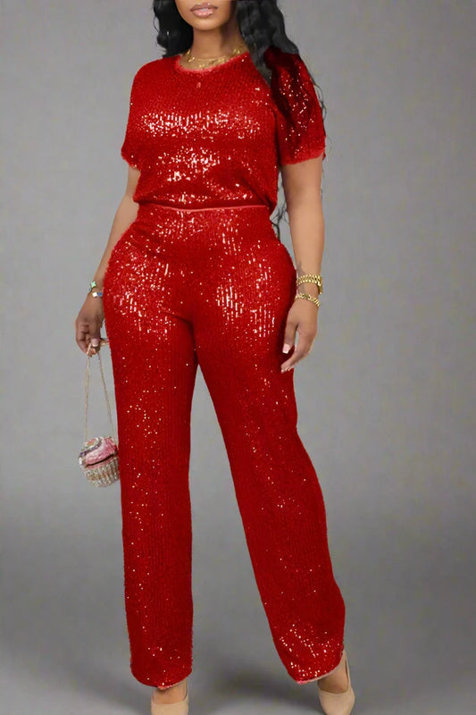 Red Sequin Pant Set