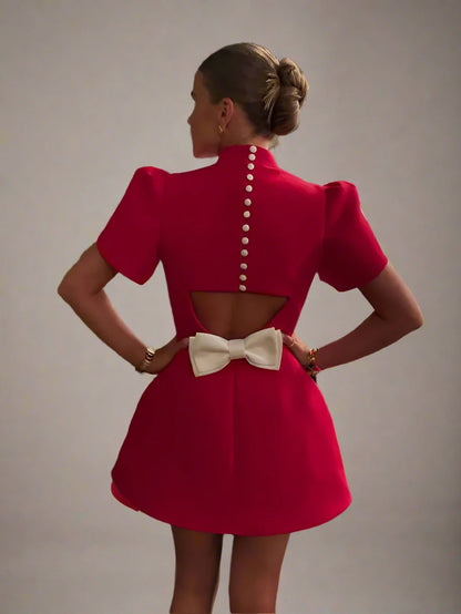 Hollow out red bow dress