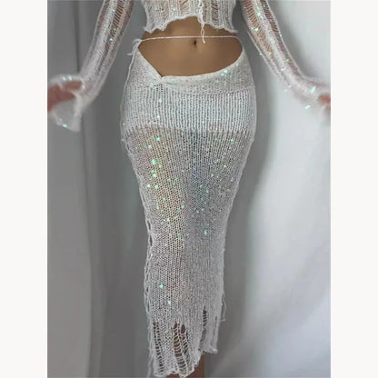 White Sequined Knitted Outfit Set for Women