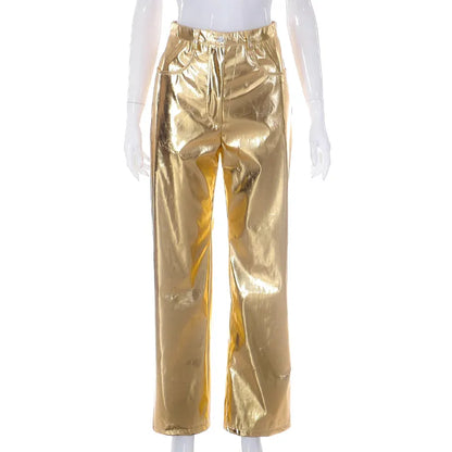 Metallic Shiny Gold Pants with a straight leg fit image 13