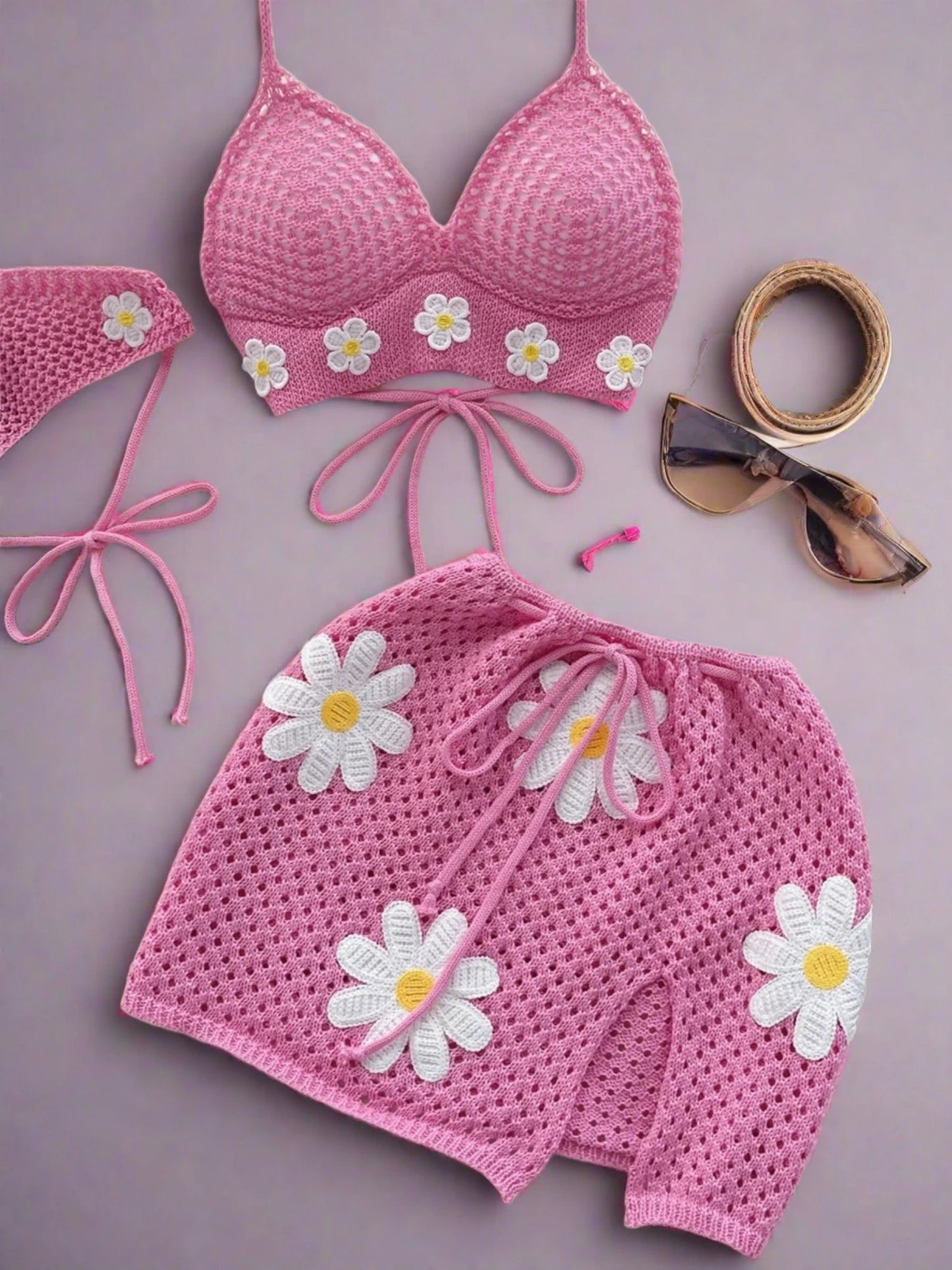 Pink Floral Halter Top and Mini Skirt Set