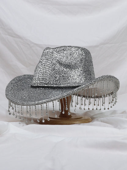 Silver Rhinestone Tassel Western Cowboy Hat