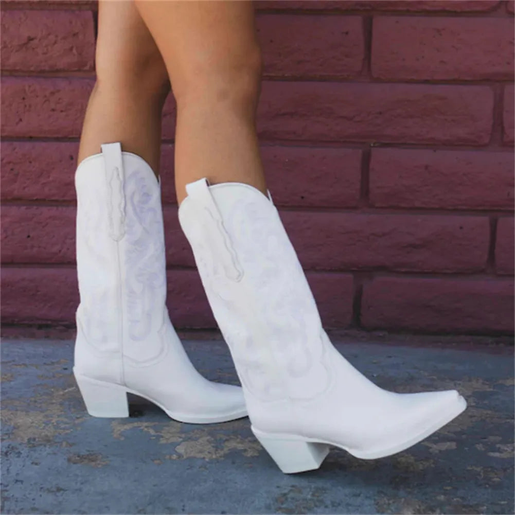 Western White Mid Calf Boots image 4