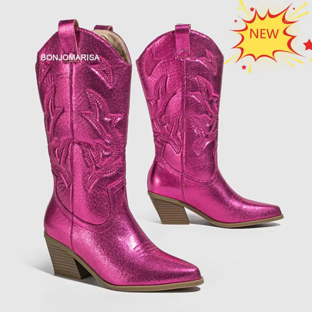 Dreamofthe90s Embroidered Mid Calf Cowboy Boots in Metallic Fuschia