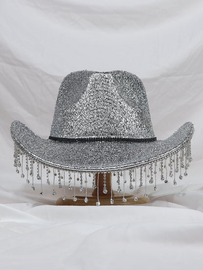 Silver Rhinestone Tassel Cowboy Hat