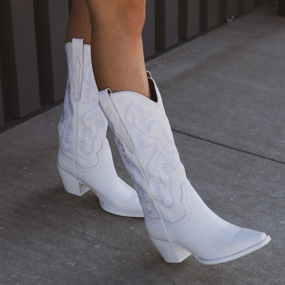 White Western Mid Calf Cowgirl Boots image 2