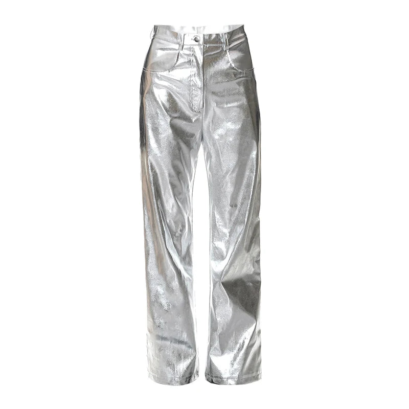 Straight Leg Dreamofhte90s Metallic Shiny Silver Pants image 22