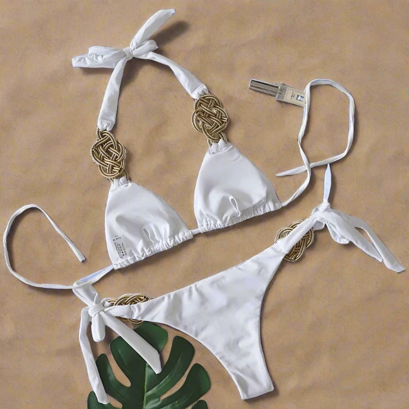 White Halter Two Piece Bikini Set