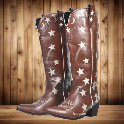 Western Brown Star Embroidered Boots