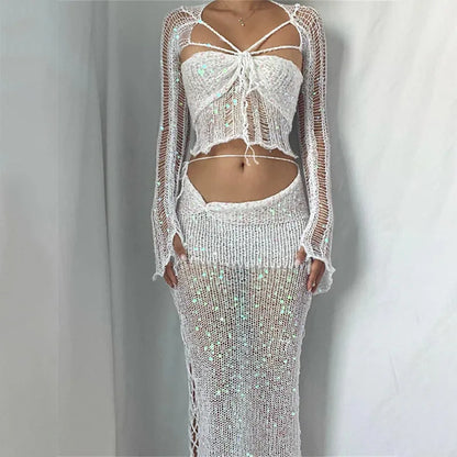 White Sequined Knitted 3 Piece Set 
