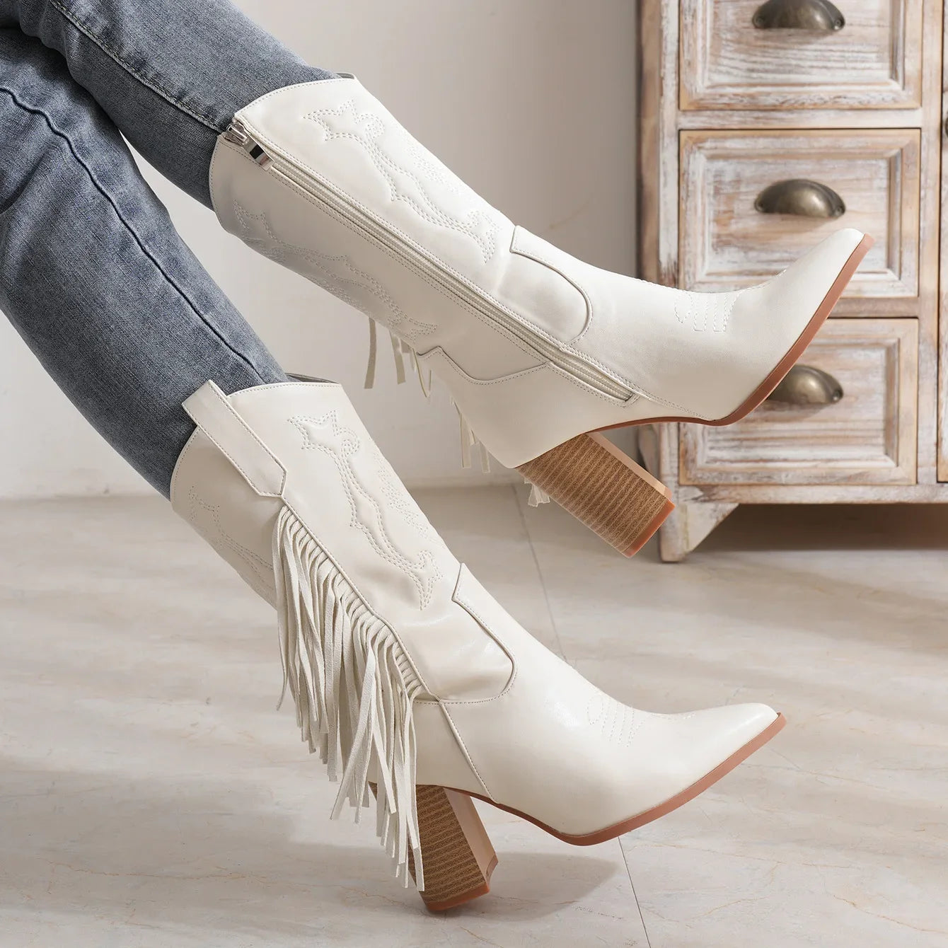 Pointed Toe Tassel Cowboy Boots