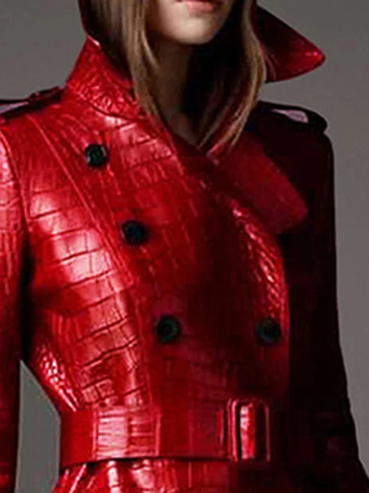 Long Faux Croc Red Trench Coat 