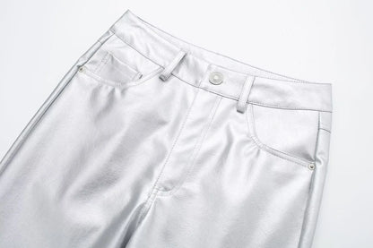 metallic silver low rise pants