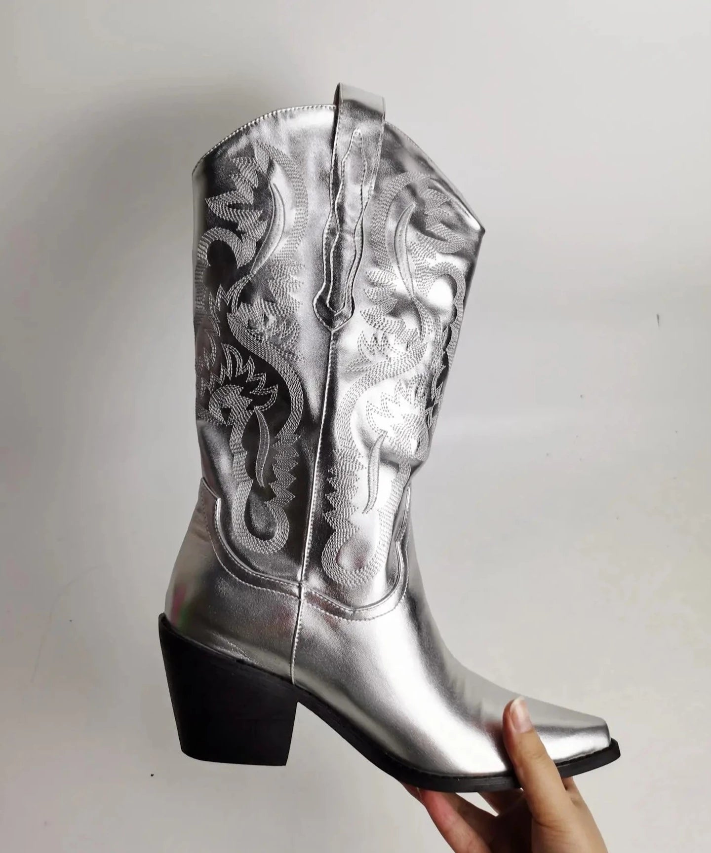 Metallic Silver Cowboy Boots at Mid Calf Length 