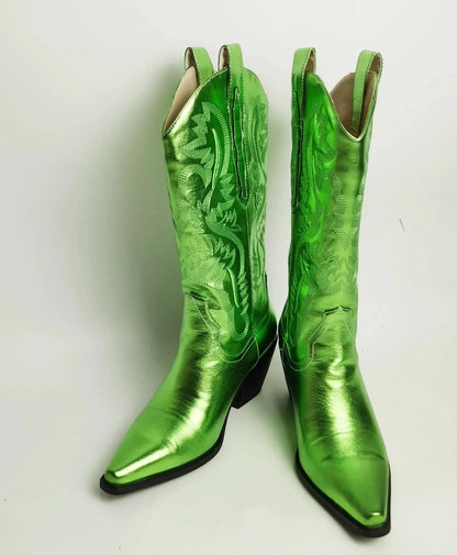 Cowboy Mid Calf Dreamofthe90s Boots in Green Metallic 