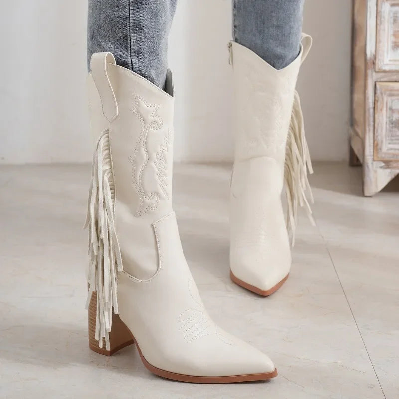 Tassel Cowboy Boots in White