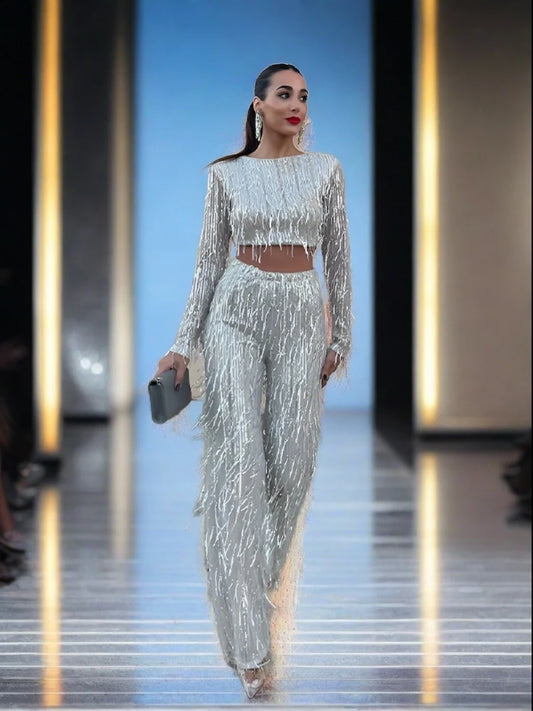 Silver Sequin Tassel Outfit Set