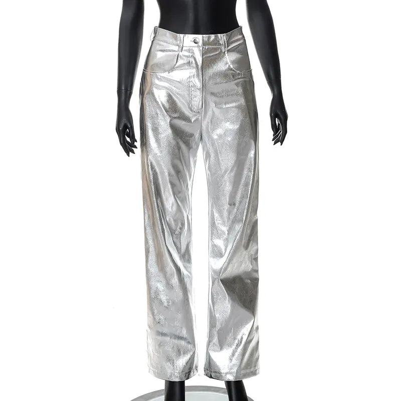 Dreamofthe90s Metallic Straight Leg pants in shiny silver image 19
