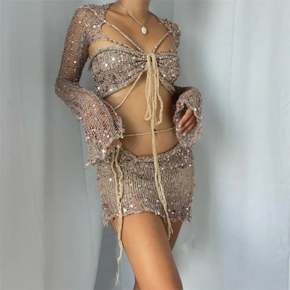 Khaki Sequin Knitted 3 Piece Set