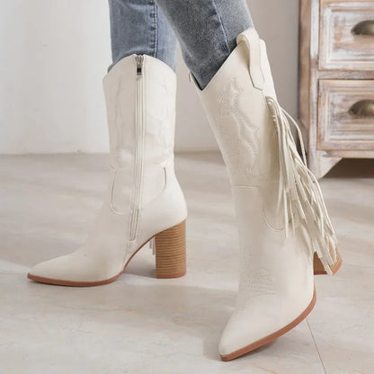 Dreamofthe90s Tassel Cowboy Boots in White
