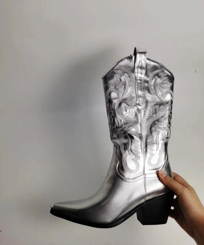 Silver Metallic Dreamofthe90s Mid Calf Cowboy Boots 
