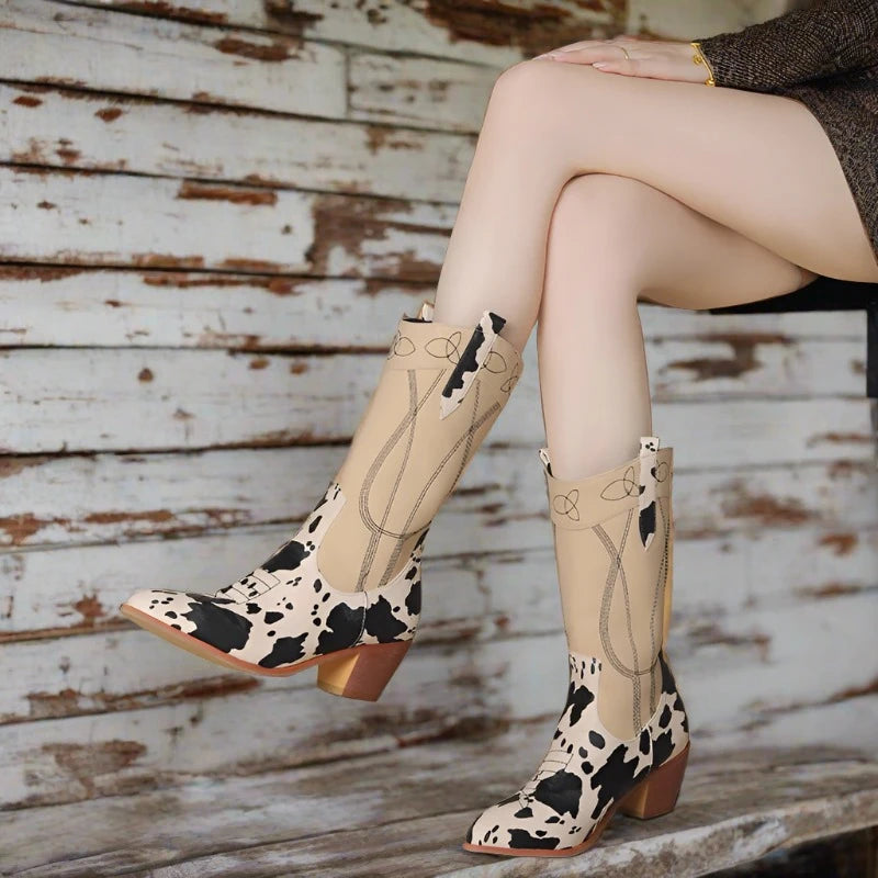 Western Khaki Cow Print Boots