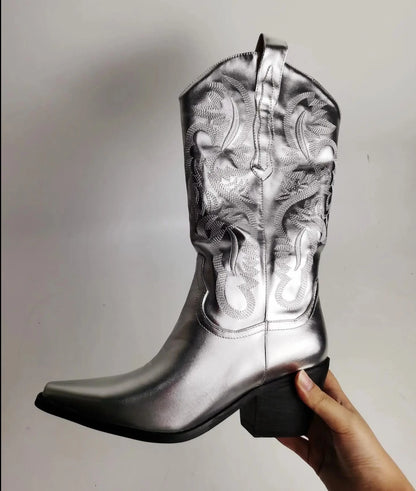 Metallic Silver Dreamofthe90s Mid Calf Cowboy Boots