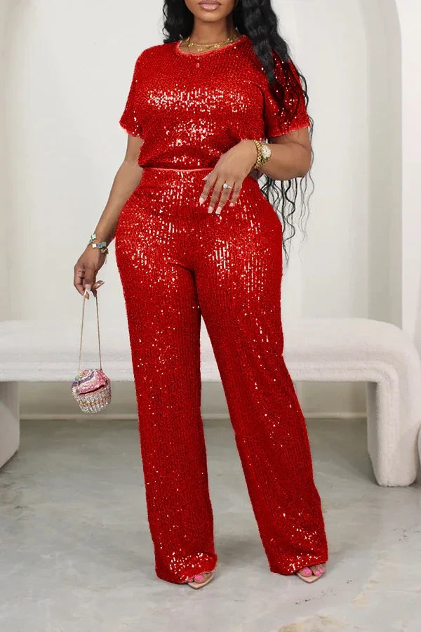 Sequin Pant Set in Red