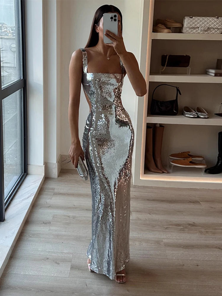 Sequin Backless Maxi Dress in Silver