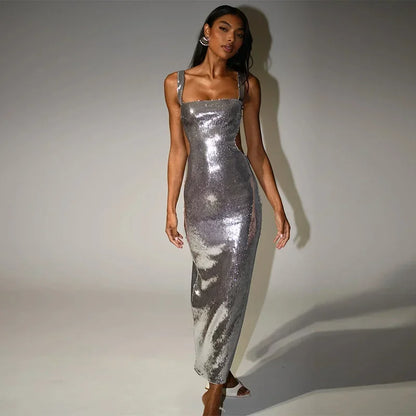 Silver Sequin Backless Dress