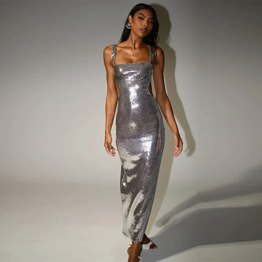 Silver Sequin Backless Dress