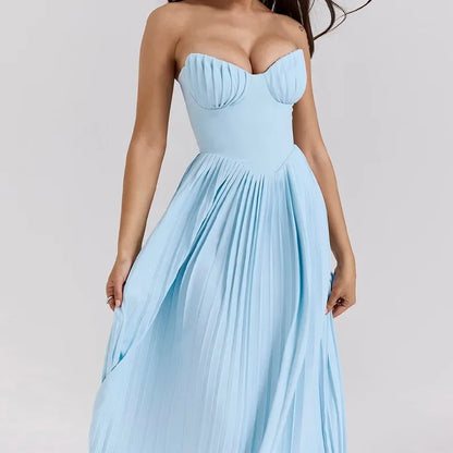 Strapless Blue Pleated Dress