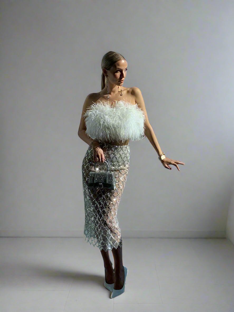 Strapless Feather Top Sequin Skirt for Women