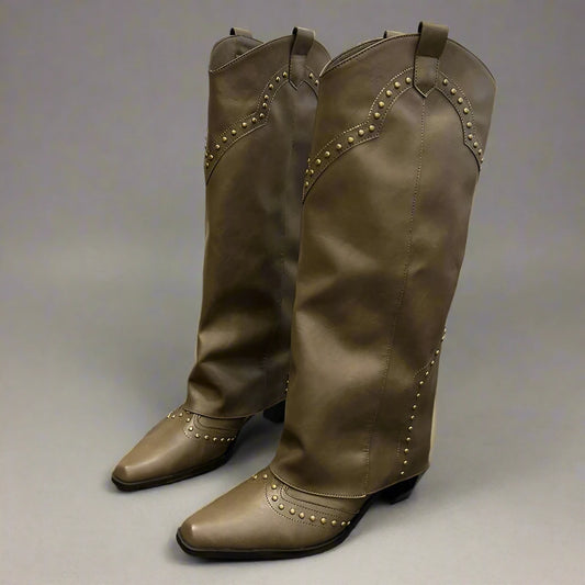 Studded Knee High Khaki Boots for Women