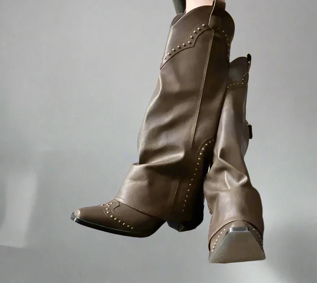 Studded Western Khaki Boots