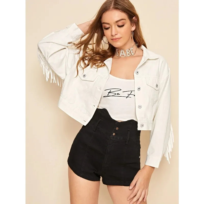 White Fringe Denim Jacket