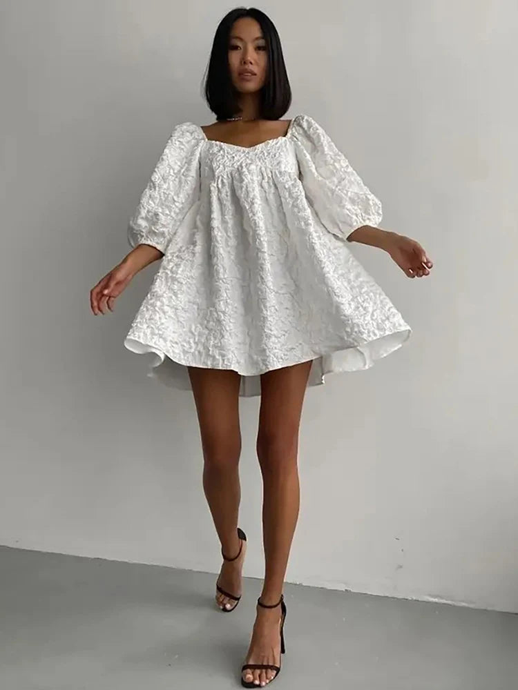 White Long Sleeve Puffy Dress