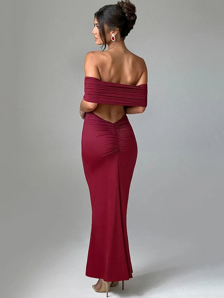 Wine Red Off The Shoulder Backless Dress