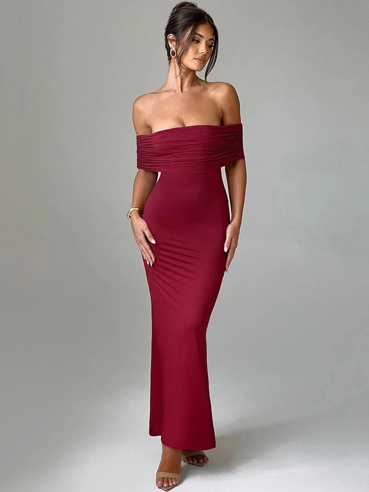 Wine Red Off The Shoulder Dress