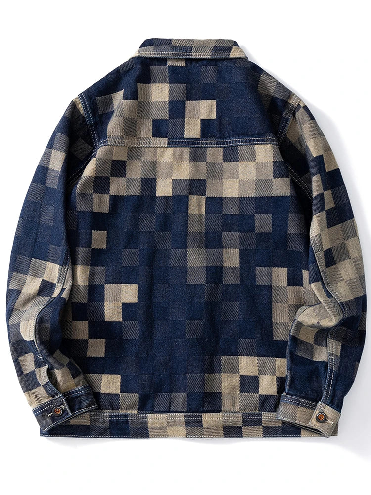 back mens checkered denim jacket