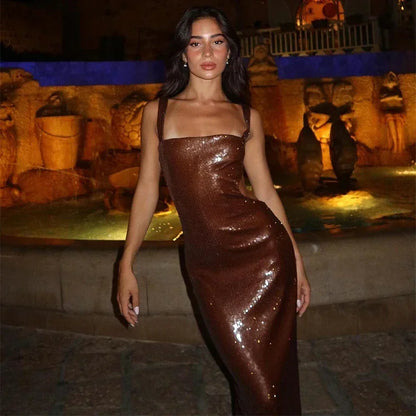 front Chocolate Sequin Maxi Dress