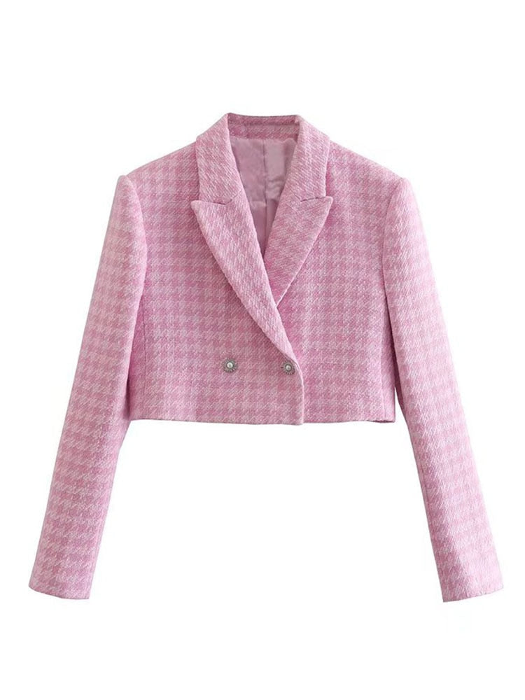 Dreamofthe90s Pink Houndstooth Cropped Blazer And Skort Suit Set