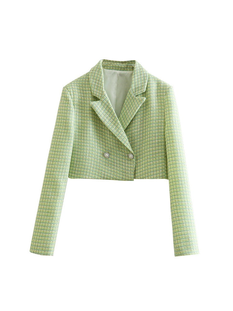 Dreamofthe90s Green Houndstooth Cropped Blazer And Skort Suit Set