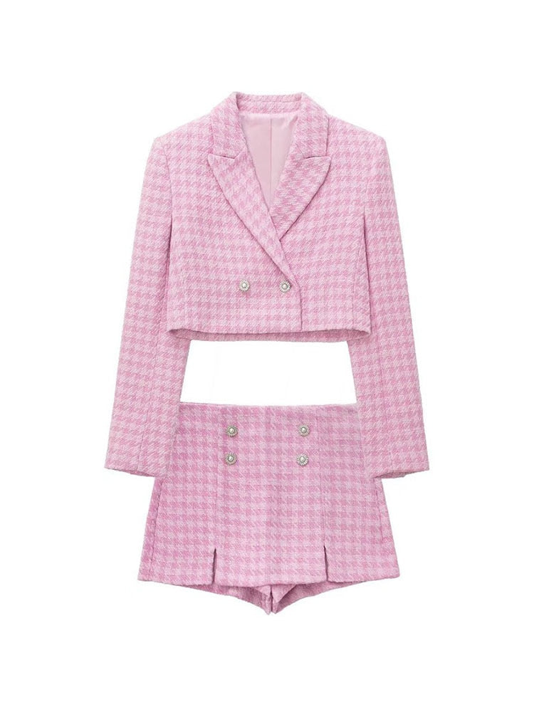 Dreamofthe90s Pink Houndstooth Cropped Blazer And Skort Suit Set
